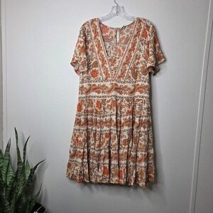 3 / $30 BILA Tiered Mini Dress L Orange Paisley Floral Print‎ Short Sleeve Rayon